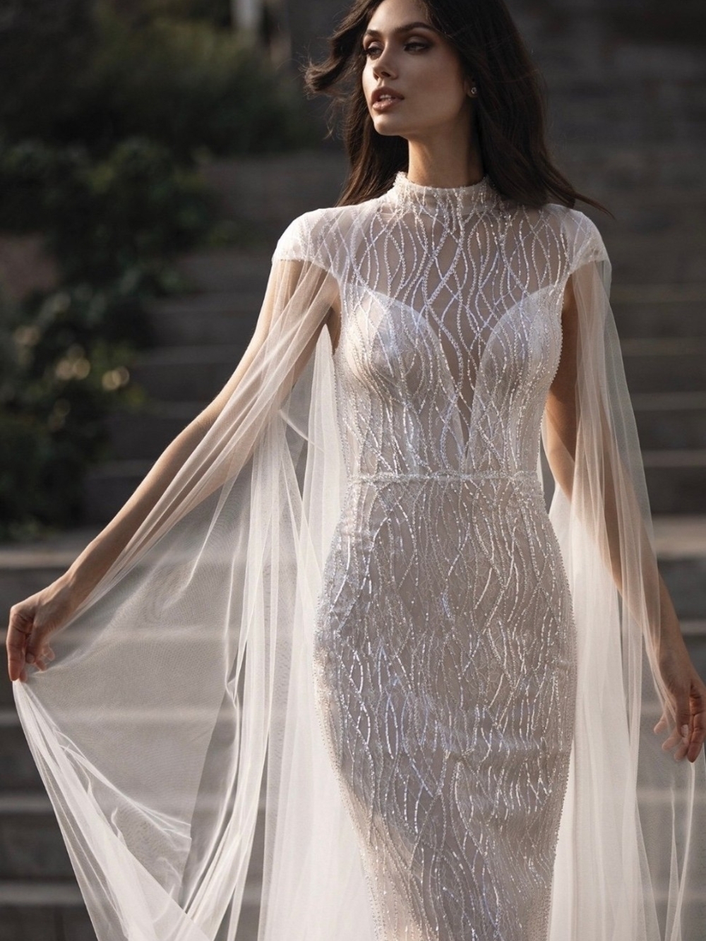 Pronovias Irene Champagne-Beaded Cape Sheath Wedding Gown Size 12 Nwt - Picture 3 of 5